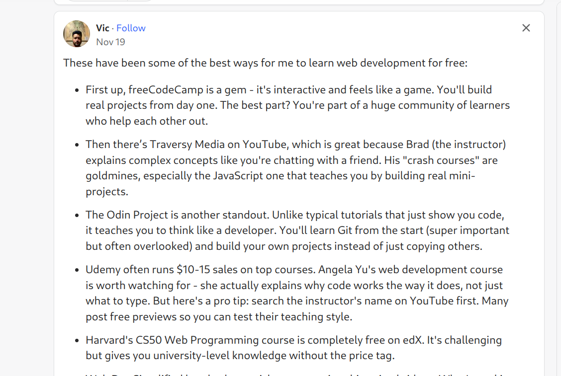 A Quora answer recommending freeCodeCamp