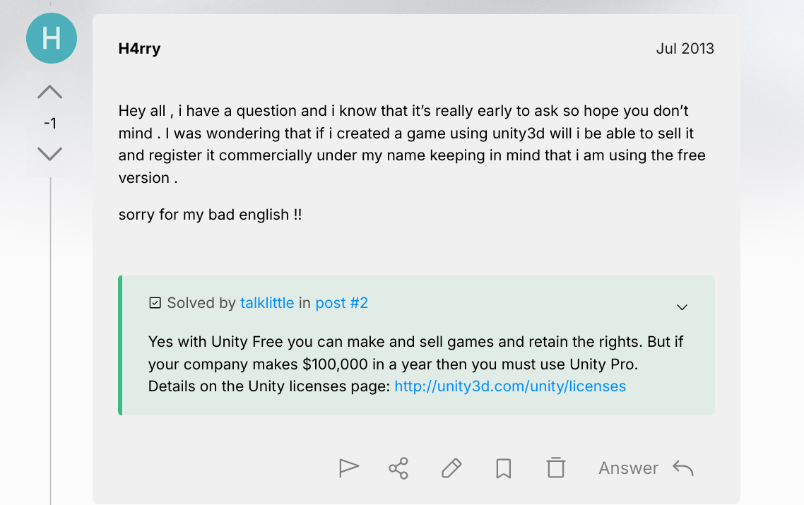 First question on Unity forums